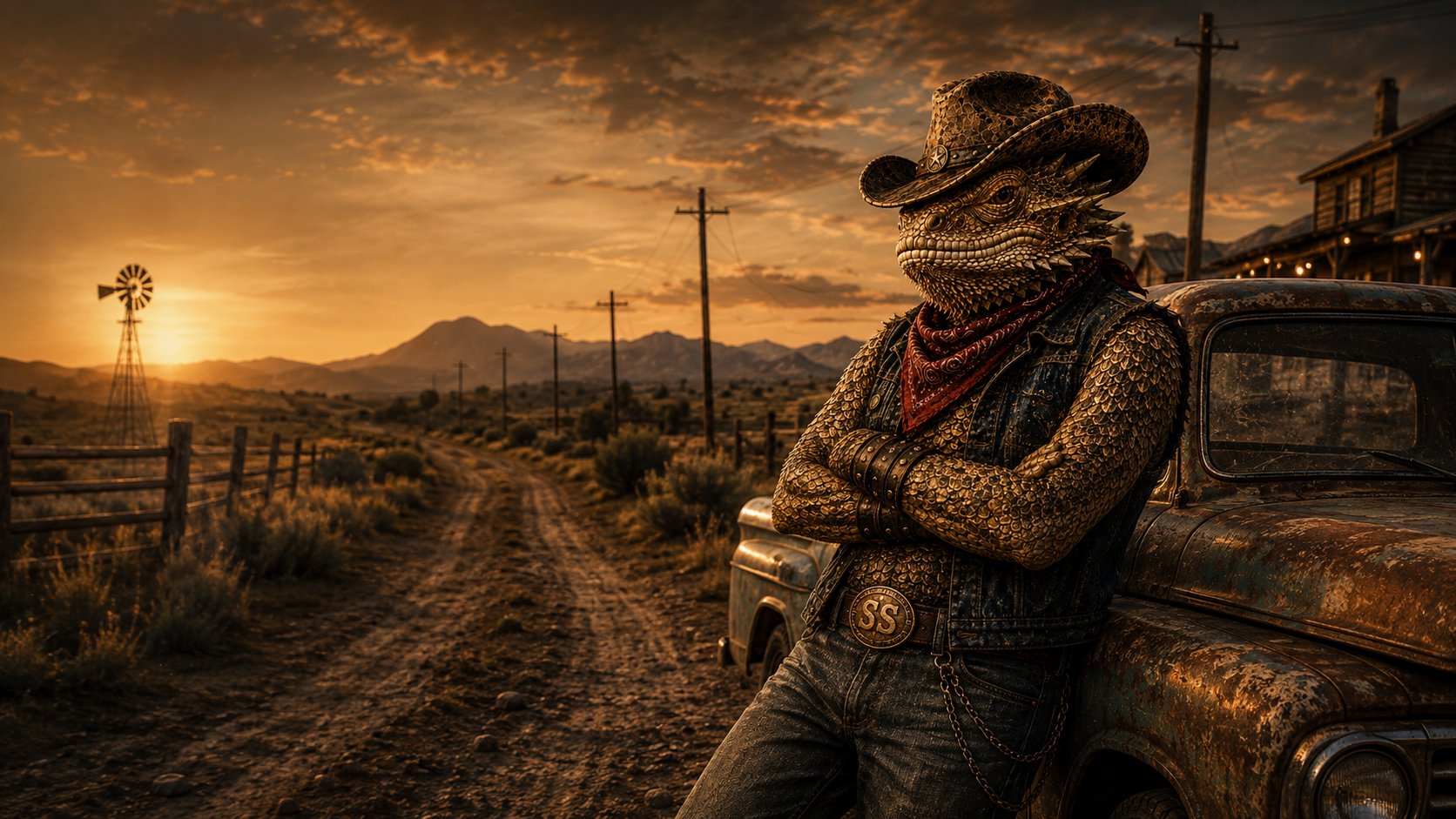 Sidewinder Sam, a horned-lizard cowboy, leaning against an old pickup on a County Line backroad at sunset